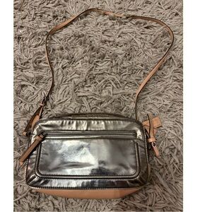 Coach Flight Metallic Silver and Tan Crossbody Bag